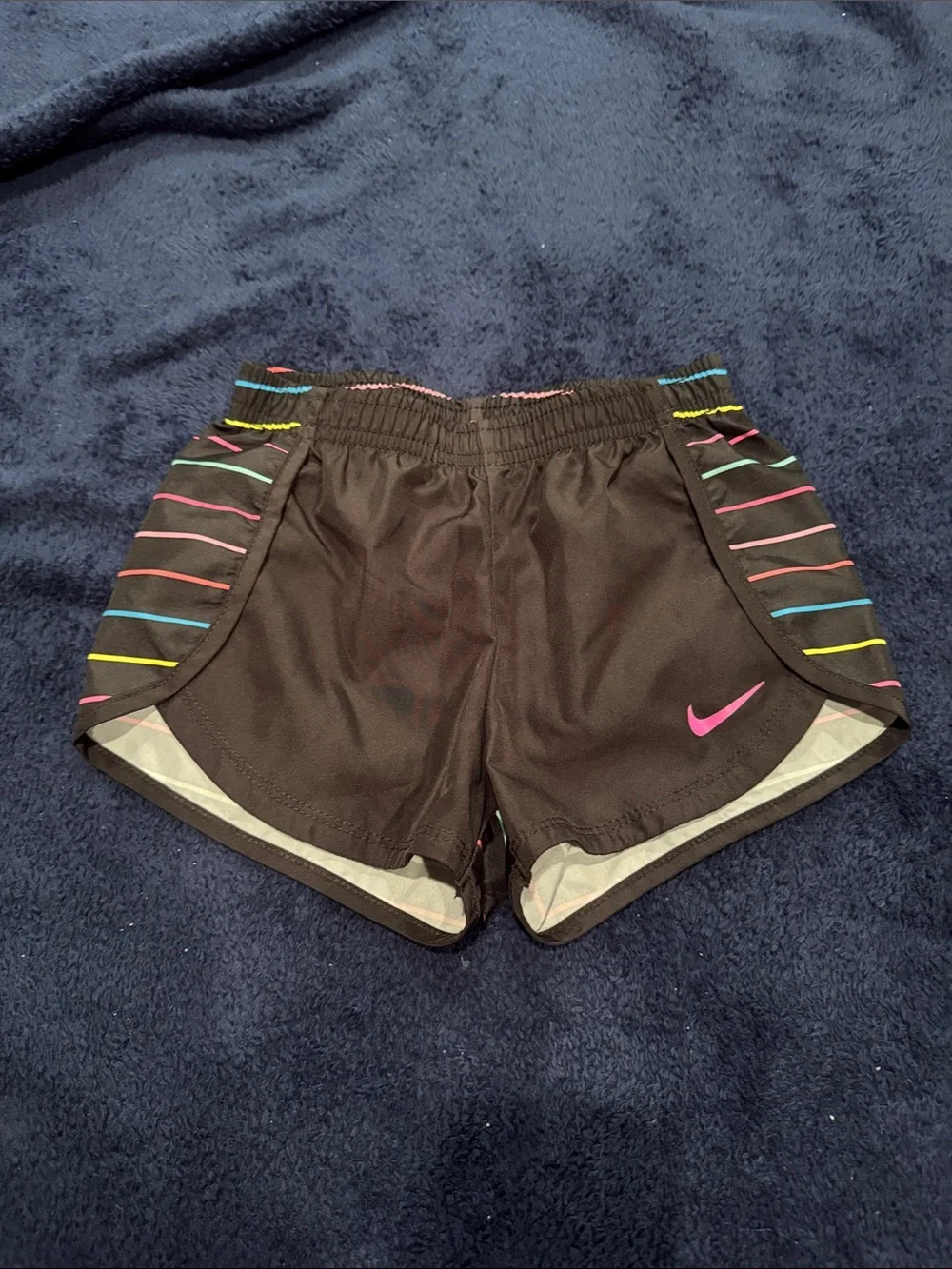 Nike Black Shorts with Pink Swoosh and Rainbow Stripe Panels